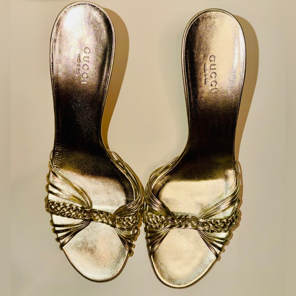 Gucci Metallic Gold Braided Strap Mule Heels Made in Italy w/ Box Size 9.5 - Picture 2 of 10